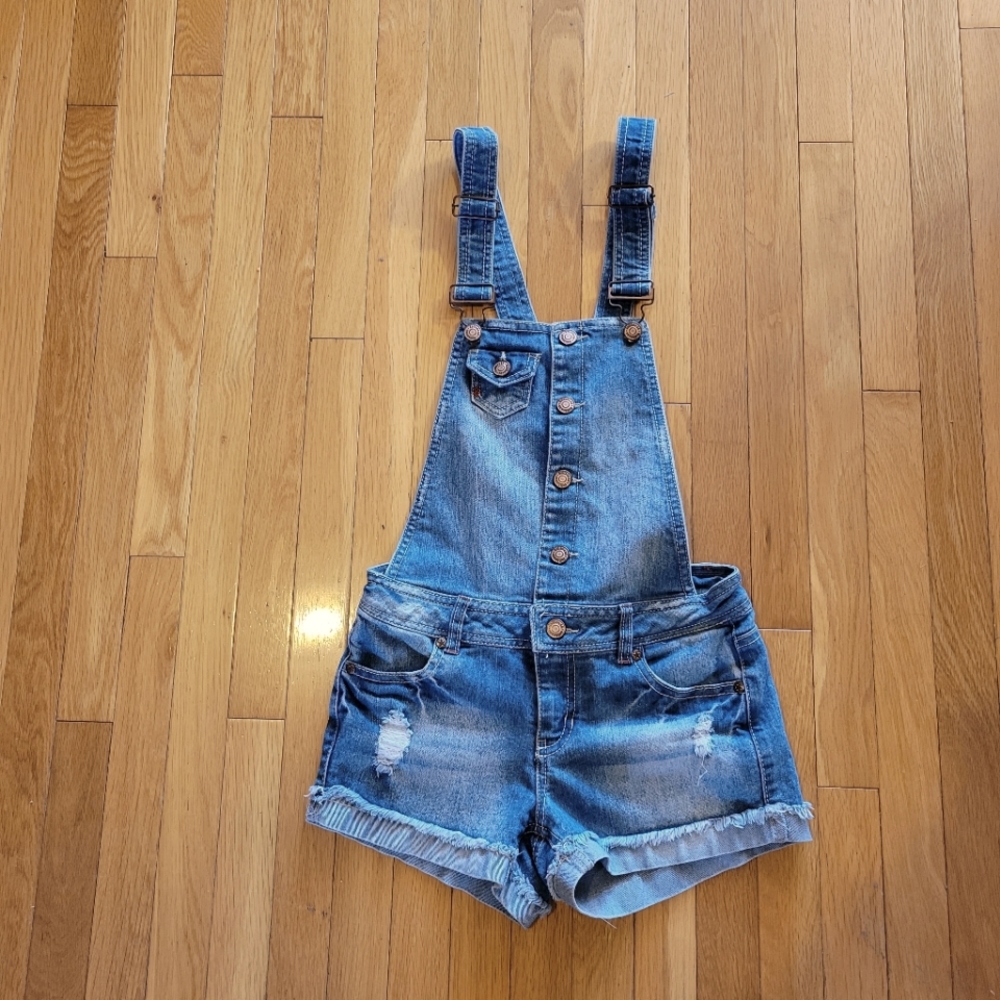 Medium wash denim blue distressed overall romper shortalls overalls Dollhouse XS